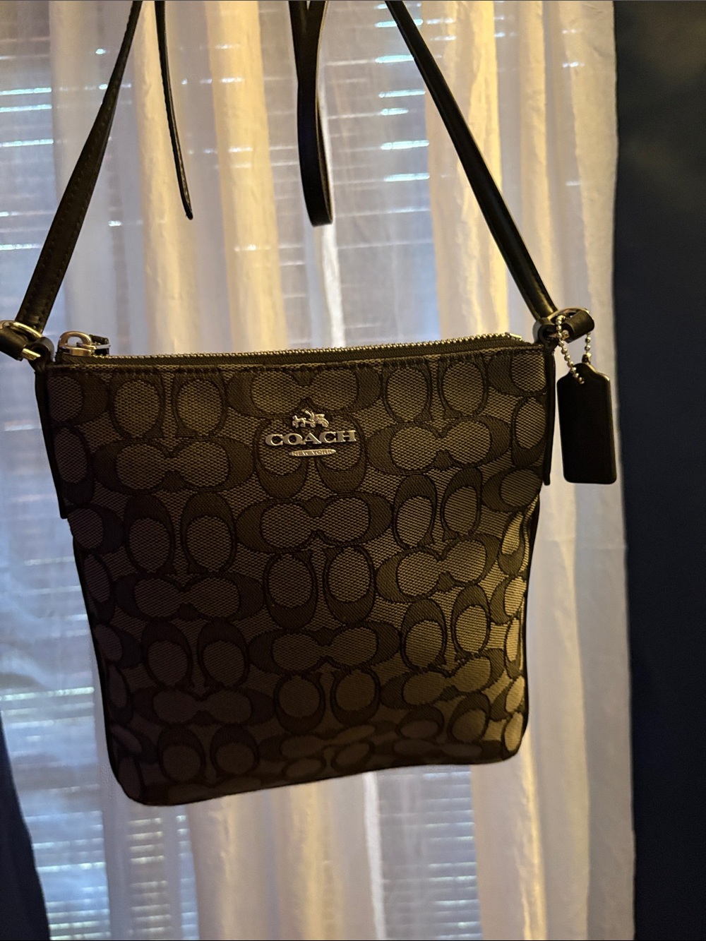 Coach black and gray Signature Canvas Crossbody with Leather Trim